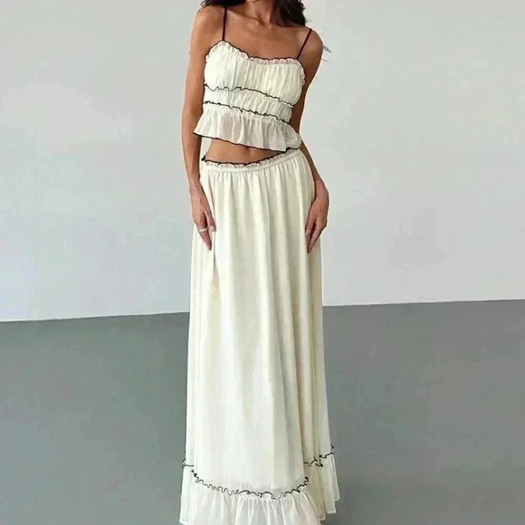 Apricot Casual Women's Vacation Contrast Trim Layered Camisole Top & Skirt - Picture 5 of 9